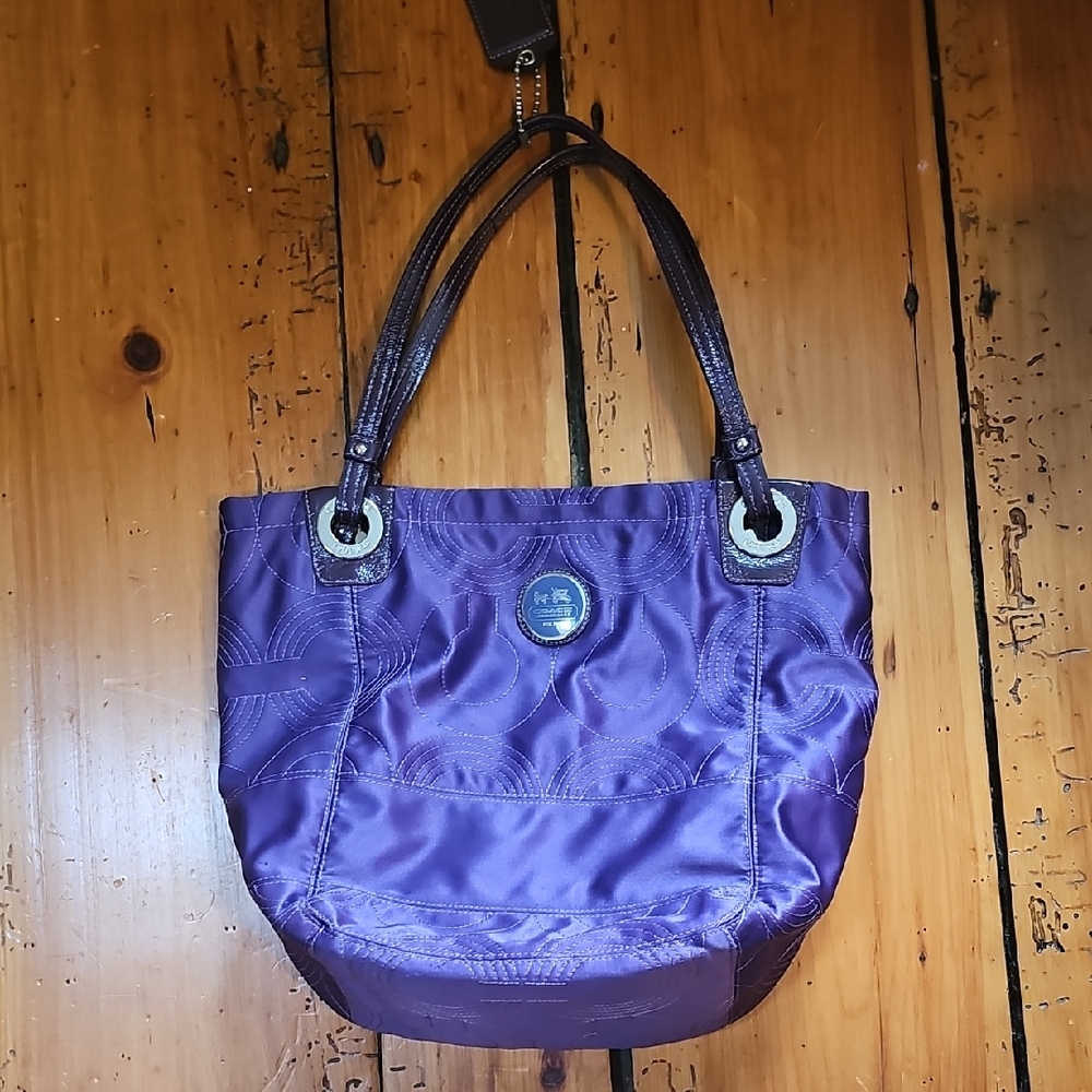 Vibrant Purple Coach Stitched Tote Bag with Silver Hardware